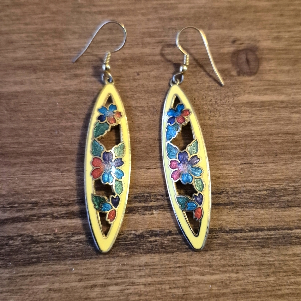 ❤️‍🔥 Vintage Pair Cloisonné Yellow Floral Long Dangle Earrings 2"